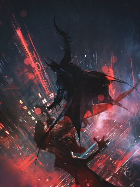 Stunning pic of Batman encountering Man-Bat, his monstrous, bat-like enemy, by artist Reynan Sanchez Man Bat, At Night, A Man, The City, Batman, Red, Blue, Art