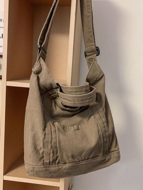 Khaki Unisex Collar  Fabric Plain Shoulder Tote Bag Embellished   Women Bags Tote Bags For School, Vintage Tote Bag, Adjustable Bag, Vintage Shoulder Bag, Bags Aesthetic, Tote Bag Pattern, Vintage Casual, Canvas Shoulder Bag, Shoulder Tote Bag