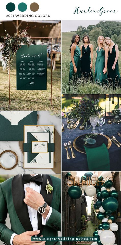 Emerald Wedding Colors, Emerald Green Wedding Theme, Hunter Green Wedding, Green And Gold Wedding, Green Gold Weddings, Dark Green Wedding, Emerald Green Wedding, Wedding Color Scheme, Wedding Color Palettes