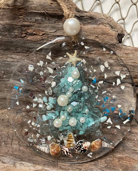 ConstanceCollection - Etsy Canada Crushed Glass Ornaments, Crushed Glass Projects, Beachy Ornaments, Sea Glass Ornaments, Ocean Ornaments, Resin Boards, Radiate Light, Blue Mussel, Elegant Ornaments