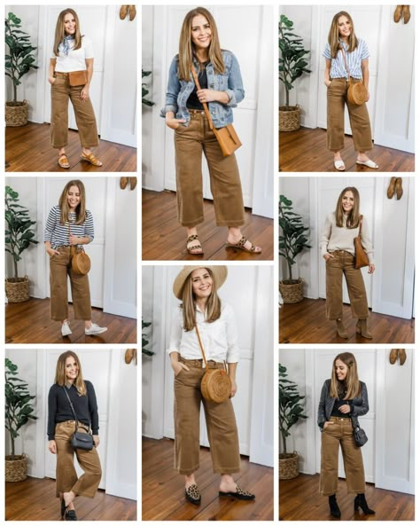 Tan Pants Outfit Casual, Wide Khaki Pants Outfit, Brown Wide Leg Crop Pants Outfit, Straight Leg Khaki Pants Outfit, Brown Cropped Pants Outfit, Brown Ankle Pants Outfit, Women’s Khaki Pants Outfit, Khaki Cropped Pants Outfit, Brown Cotton Pants Outfit