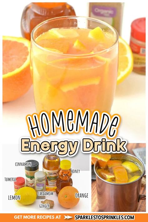 This homemade energy drink is just what you have been searching for to give you the boost of energy you desire. This healthy homemade energy drink hydrates and energizes and is full of healthy ingredients like oranges, lemons, cardamom, cinnamon, ginger, honey, and water. Once you try this, it will be the only energy drink you will crave. How To Make Natural Energy Drink, Natural Morning Energy Drinks, All Natural Energy Drink, V8 Energy Drink Recipe, Healthy Drink Alternatives, Caffeine Free Energy Boosters, Drinks That Give You Energy, Home Made Energy Drinks, Healthy Homemade Energy Drinks