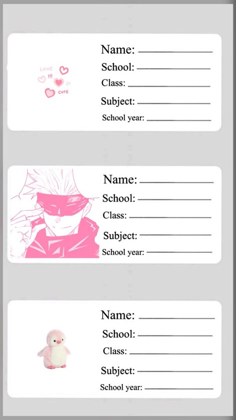 Aesthetic Name Slips For Notebook, Name Tag Design For Notebook, Name Tag Anime Design, Pink Name Tag Template, Label Design For Notebooks, Coquette Subject Label Template, Name Slips For Notebook Printable, Name Stickers For School Aesthetic, Name Template For Notebook