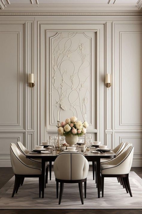 Modern Beaux Arts Interior, Neoclassical Dining Table, Neo Classical Luxury Interiors, Dining Room Flooring Ideas, Neoclassical Interior Dining Room, Neoclassic Dining Room, Living Room Neoclassic, French Classic Interior Design, Neo Classical Tv Wall