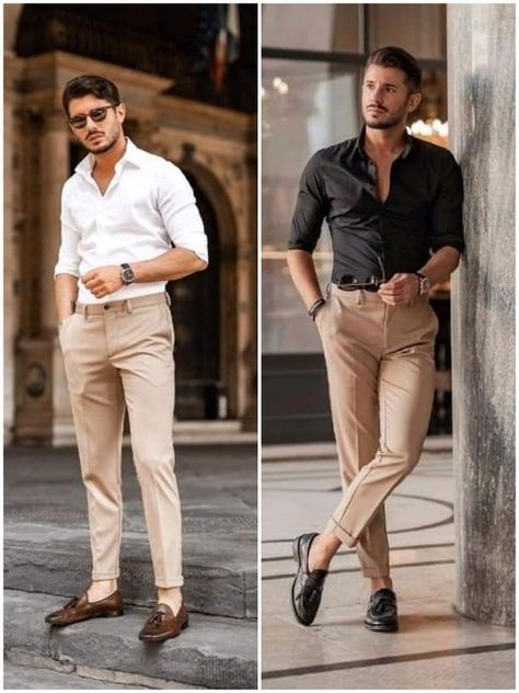 Formal Pant Colours For Men, Pants Colours For Men, Men’s Beige Dress Pants Outfit, Beige Colour Pants Outfit, Men’s Beige Pants Outfit, Mens Chinos Outfit Wedding, Chinos Men Outfit Wedding, Black Shirt Beige Pants Men, Black Shirt Matching Pant For Men