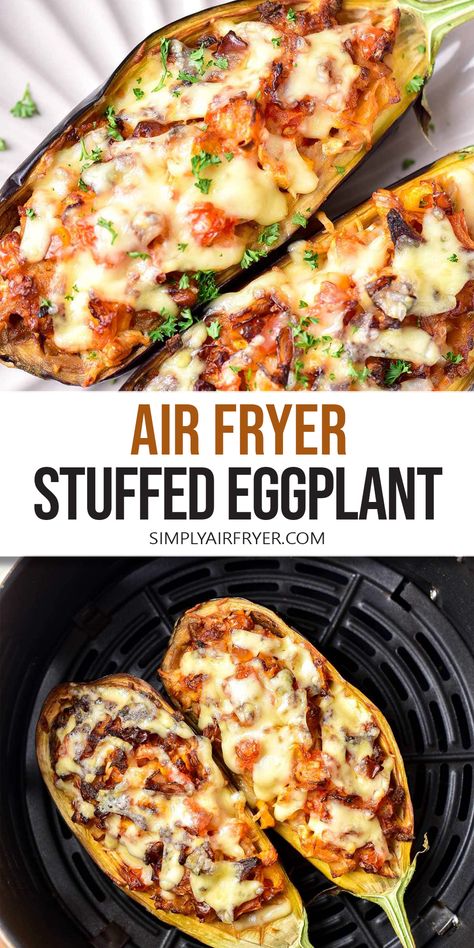 Want to make Air Fryer Stuffed Eggplant? Filled with vegetables, spices, and cheese, this eggplant makes an easy and tasty vegetarian dinner! Eggplant Recipes Stuffed, Vegan Stuffed Eggplant Recipes, Macro Friendly Eggplant Recipes, Eggplant Lunch Ideas, Eggplant Meal Prep, Air Fryer Meals Vegetarian, Airfryer Aubergine, Eggplant Dishes Healthy, Air Fryer Mediterranean Recipes