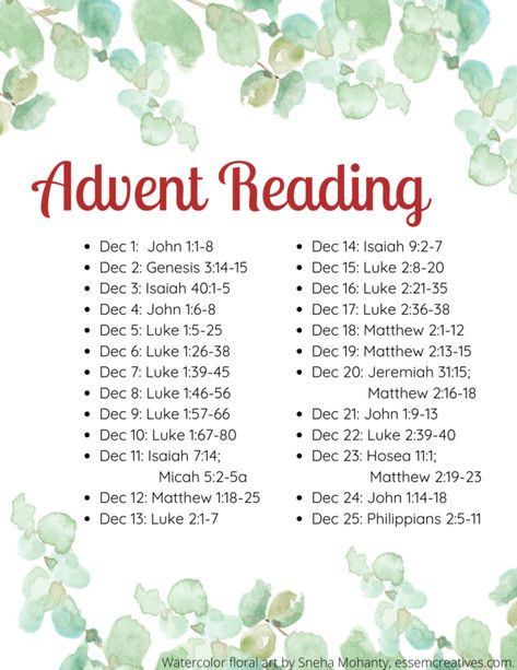 Bible Verse Advent Calendar, Reading Calendar, Advent Scripture, Advent Readings, Watercolor Floral Art, The Christmas Story, Advent Activities, Bible Study Topics, Bible Study Lessons