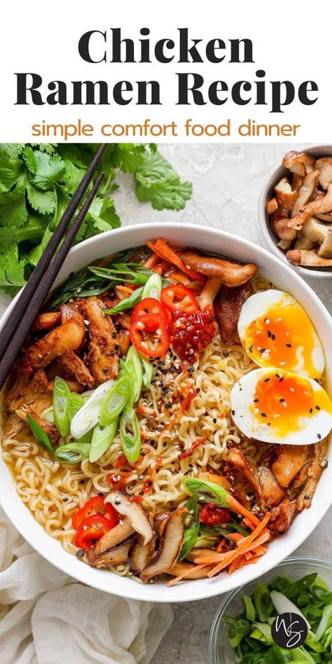 This easy Chicken Ramen noodle soup is the epitome of comfort food! Made with all the best, simple ingredients, like juicy chicken, a flavor packed broth, fresh vegetables, a soft boiled egg, and traditional ramen noodles. The flavors are SO GOOD. It is a comforting and cozy bowl of soup that will wake-up all your tastebuds in the best way possible! You will never buy store-bought ramen again after trying this delicious recipe! This recipe is dairy-free friendly. Chicken Vegetable Ramen Noodles, Ramen Noodle Bowl Recipes Chicken, Ramen Noodle Soup With Egg, Comfort Bowl Recipe, Chicken Ramen Recipes Soups, Simple Chicken Ramen Recipes, Homemade Chicken Ramen Soup, Easy Homemade Ramen Noodles, Shrimp And Chicken Ramen Recipes