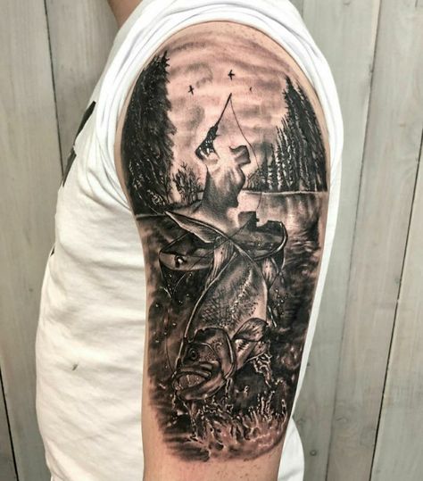 Bass Fishing Tattoo For Men, Half Sleeve Hunting Tattoos For Men, Fishing Sleeve Tattoo Men, Hunting And Fishing Tattoos Sleeve, Hunting And Fishing Tattoos, Fishing Tattoo For Men, Men Tattoo Ideas Fishing, Hunting Arm Sleeve Tattoo, Fishing Tattoo