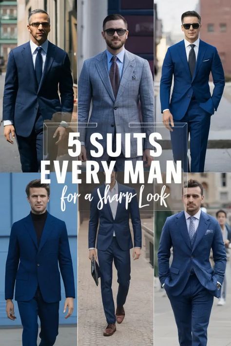 Suits aren't just clothes; they're statements. A well-chosen suit can make you look polished, professional, and put-together. . But with so many styles and fabrics, where does a guy start? This list will break down five essential suits that every man should have in his wardrobe. . 1. The Navy… Suits Every Man Should Own, Men’s Classic Suits, Essential Suits For Men, Men’s Business Suits, Types Of Suits For Men, Navy Suit Outfit Men, Mens Church Outfit, Male Teacher Outfits, Beach Outfit Men