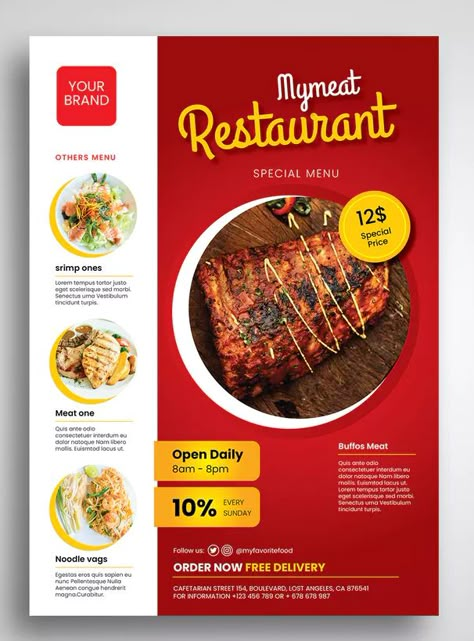 Meat Restaurant Flyer Template PSD - A4. Download Meat Poster Design, Catering Flyer Design, Flyers Template, Meat Restaurant, Poster Food, Restaurant Poster, Food Flyer, Menu Flyer, Restaurant Specials