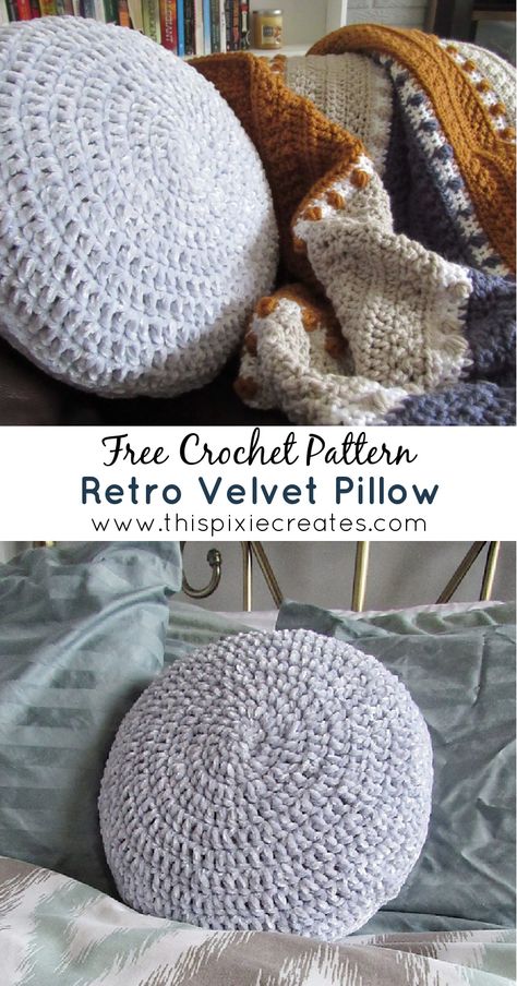 Add a touch of retro to your home with this retro velvet circle pillow. This pillow cover uses less than 1 skein of yarn, and the pattern is easily customizable to fit any sized pillow insert. The free crochet pattern is beginner friendly, and includes step-by-step pictures to help you along the way! Crochet Easy Pillow, Easy Crochet Throw Pillows, Crochet Pillow For Beginners, Crochet Pillow Cover Velvet Yarn, Crochet Free Pillow Pattern, Crochet Velvet Pillow Cover, Velvet Yarn Crochet Pillow, Crochet Meditation Cushion, Circle Pattern Crochet