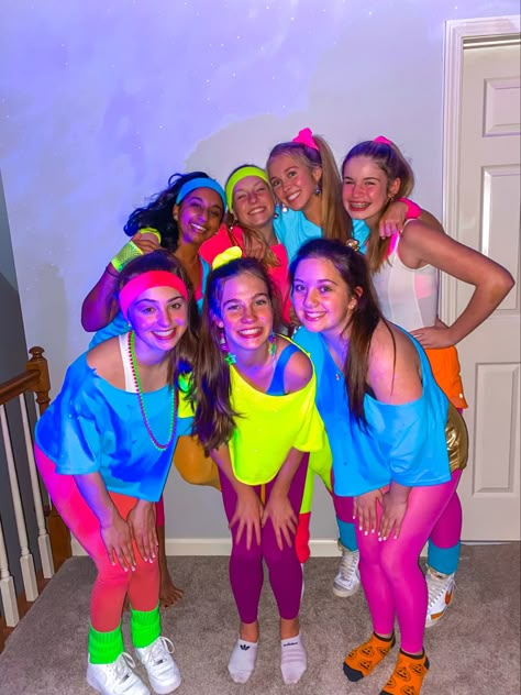 80s Theme Frat Party Outfits, 80s Fashion Athletic, 80s School Dance Outfit, Neon 80s Party Outfit, Neon Theme Spirit Week, Hoco Decades Day, Disco School Dance Outfit, Throwback Costumes Spirit Week, 80s Theme Football Game Outfit