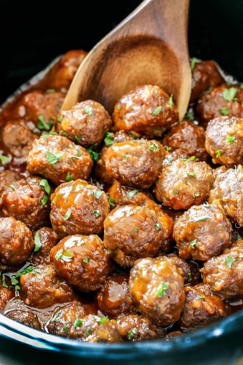 Tender juicy slow cooker Honey Buffalo Meatballs simmered in the most tantalizing sweet heat sauce that everyone goes crazy for! Perfect appetizer or delicious, easy meal with rice! Honey Buffalo Meatballs, Buffalo Meatballs, Meatball Appetizer Recipe, Meatball Recipes Crockpot, Carlsbad Cravings, Meatball Recipes Easy, Tasty Meatballs, Crock Pot Meatballs, Slow Cooker Meatballs