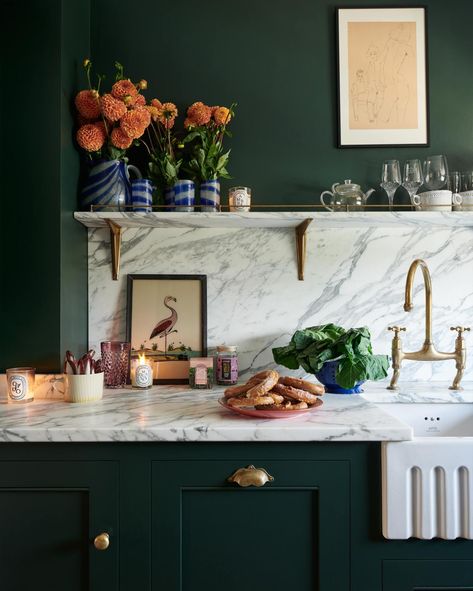 The Clapham Kitchen | deVOL Kitchens Classic English Kitchen, Olive Green Kitchen, Riverside Apartment, Wall Cupboards, Arabescato Marble, Checkerboard Floor, Devol Kitchens, English Kitchens, Marble Sinks