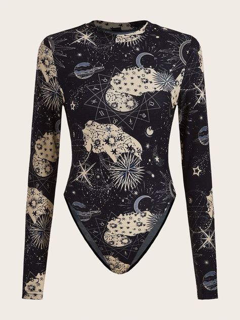 SHEIN EZwear Moon & Star Print Bodysuit | SHEIN UK Galaxy Outfit, Space Outfit, Comfy Jumpsuits, Fairytale Fashion, Moon Print, Print Bodysuit, Moon Star, Womens Bodysuit, Star Print