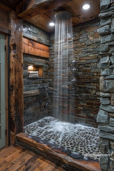 Dream House Design Ideas, Stone Walk In Shower Ideas, Waterfall Shower Ideas, Modern Rustic House Design, Dream Shower Walk In, Cute Shower Ideas, House Or Apartment, Dark Theme Bathroom, Dream House Decor Ideas