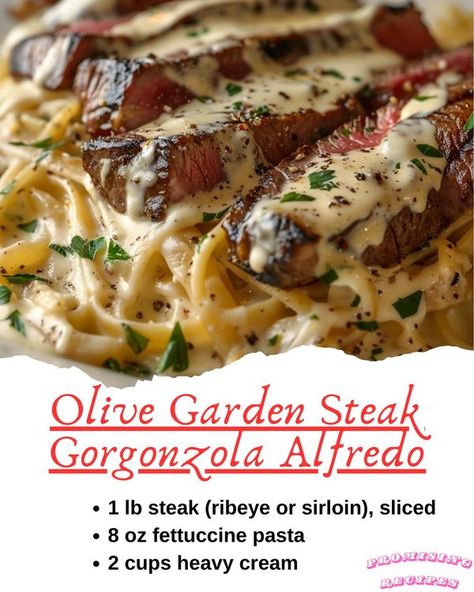 Olive Garden Steak Gorgonzola Recipe, Steak Gorgonzola Alfredo, Gorgonzola Alfredo, Steak Gorgonzola, Gorgonzola Recipes, Gorgonzola Pasta, Pulled Pork Enchiladas, Beef Pasta Recipes, Steak Pasta