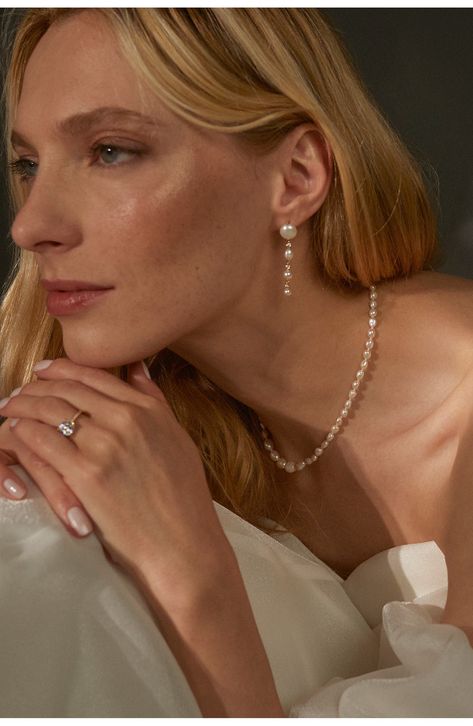 Glossy cultured pearls and prong-set cubic zirconia alternate along these linear drop earrings plated in 18-karat gold. 1 1/2" drop; 3/8" width Pearl size: 9–10mm Cultured pearl/18k-gold plate or rhodium plate/cubic zirconia Imported Pearl Jewlery, Modern Pearl Earrings, Wedding Accessories For Bride, Wedding Jewelery, Wedding Dress Jewelry, Being Perfect, Pearl Necklace Wedding, Pearl Earrings Wedding, Pearl Jewelry Wedding