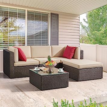 Yaheetech 5 Pieces Outdoor Patio Furniture Set, Patio Wicker Sectional Sofa Set w/Cushions & Coffee Table, Outdoor Conversation Set for Porch, Garden, Backyard Better Homes And Gardens Hawthorne Park 4-piece Sofa Conversation Set, Wicker Outdoor Sectional, Dining Sofa, Wicker Sectional, Sunroom Sofa Wicker Home & Patio Furniture, Rattan Furniture Set, Outdoor Conversation Sets, Patio Sofa Set, Outdoor Sofa Sets