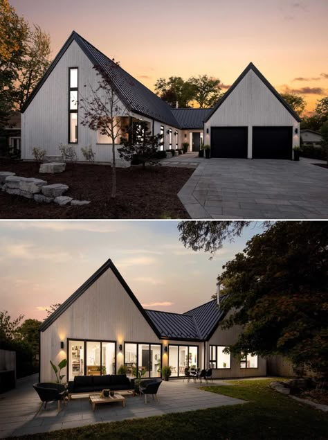 This Scandinavian Inspired House Design Has An Exterior Of Vertical White Cedar Siding And A Black Metal Roof Modern Farmhouse Exterior With Garage, One Roof House Design, Modern Cottage Exteriors, Modern White And Black House, Scandanavian House Design Exterior, Garage On Side Of House, White Modern Exterior, Houses With Metal Roofs, House With White Roof