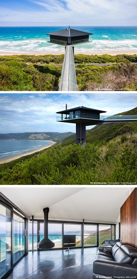 F2 Architecture have designed the Pole House, perched high above the scenic Great Ocean Road in Australia. Edgy Architecture, House On Poles, Lorne Australia, Cantilever Architecture, Waterfront House, Pole House, Prairie House, House Concept, Architecture Wallpaper