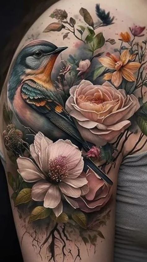 Bluebird With Flowers Tattoo, Meaningful Arm Sleeve Tattoos For Women, Realism Botanical Tattoo, Rose And Butterfly Sleeve Tattoo, Realistic Flowers Tattoo, Light Flower Tattoo, Botanical Tattoo Sleeve Vintage, Photorealistic Tattoo, Oil Painting Tattoo