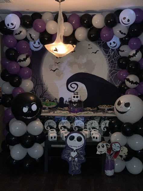 Jack Skellington Birthday Decoration. The Nightmare Before Christmas. Birthday Party number 6 Nbc Party Decorations, The Nightmare Before Christmas Theme Party, Jack Themed Birthday Party, Nightmare Before Christmas Photo Backdrop, Jack Skellington Bday Party Ideas, Halloween Party Nightmare Before Christmas, Nightmare Before Xmas Birthday Party, Nightmare Before Christmas Birthday Cake Ideas, Jack Skellington Themed Birthday Party