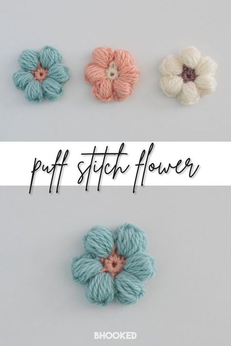 With this project you’ll get to practice your puff stitch skills and see how the tension can adjust the sizing of the flower petals. #BHooked #Crochet #HowToCrochet #CrochetProject #CrochetPattern #CrochetTutorial Puff Stitch Flower Crochet Pattern, How To Make A Crochet Puff Stitch, Free Puff Flower Crochet Pattern, Crochet Puff Daisy Pattern Free, How To Make Puffy Crochet Flowers, Puffed Flower Crochet, Chunky Daisy Crochet, Crochet White Flowers Free Pattern, Flower Puff Crochet Pattern