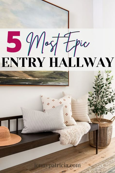 Over Front Door Decor Interior Entryway, Realistic Entryway Ideas, Bench In Hallway Decor, Big Entry Way Ideas, Entryway And Hallway Ideas, How To Decorate A Large Entry Wall, Long Entry Way Decor Ideas, Chair In Hallway Entryway, Wall Decor Front Entryway