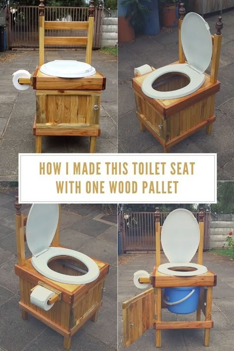 We will get all old, this is an alternative to make it to the toilet at night, off-grid or camping. Decide the high of your toilet seat. For mine, the front leg is 40 cm and the back leg 1.2 m (front and back 4cm x 4cm). I cut 4cm x 1cm strips to cover … Read More » #PalletChairs, #PalletSeat, #RecyclingWoodPallets, #Toilet #PalletBenches,PalletChairsStools Outside Toilet, Compost Toilet, Composting Toilets, Outdoor Bathroom Design, Outdoor Toilet, Potty Chair, Camping Toilet, Diy Toilet, Outdoor Bathroom