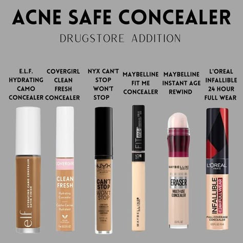 Acne Safe Concealer, Acne Safe Foundation Drugstore, Concealer For Acne Prone Skin, Acne Safe Contour, Acne Safe Makeup Drugstore, Acne Safe Drugstore Makeup, Acne Prone Makeup, Acne Safe Foundation, Makeup For Acne Prone Skin