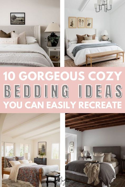 you have to see these 10 gorgeous cozy bedding ideas you can easily recreate! Queen Bedding Sets For Couples, Calm Master Bedding, Cozy Bedding Ideas Natural, Bedroom Bedding Color Schemes, Trendy Bedding Comforter Sets Cozy, King Bed Linen Styling, Master Bed Sets, Bed Throws Ideas Cozy Bedroom, Queen Bed Bedding Ideas