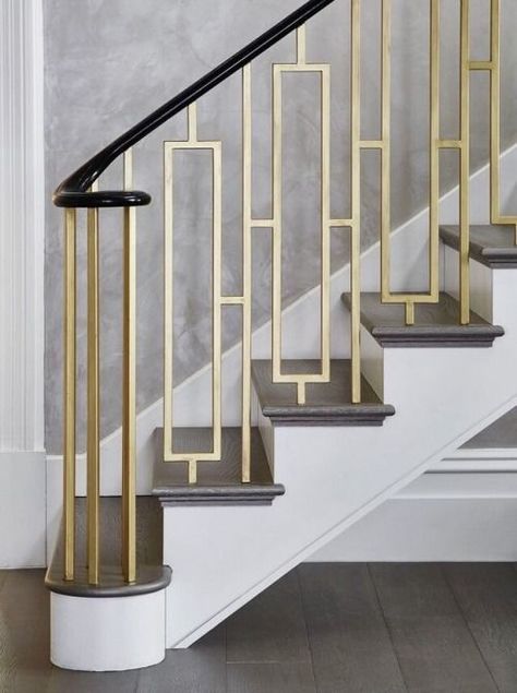 Gold mid century modern staircase handle 2023 Staircase, Stairs Design Modern Railing Ideas, Modern Railings For Stairs Interiors, Stairs Railing Design, Railings For Stairs, Art Deco Stairs, Reling Design, سلالم حلزونية, درابزين السلم