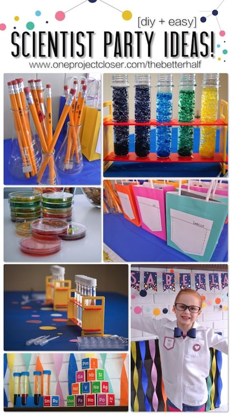 SUPER cute Scientist party with experiments, DIY, treats, accessories and more - SO SO fun! Scientist Party Ideas, Mad Scientist Birthday Party, Science Party Ideas, Science Themed Party, Science Birthday Party Ideas, Scientist Birthday Party, Mad Scientist Birthday, Nerd Party, Mad Science Party