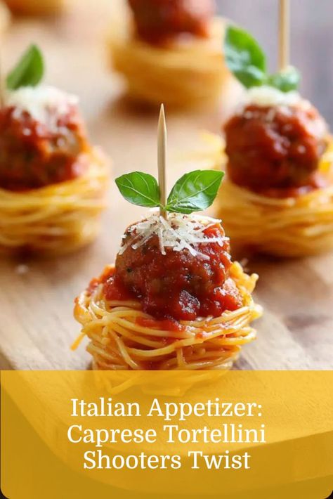 Tiny bites of spaghetti and meatballs, a fun Italian finger food for party appetizers. Spaghetti Meatball Appetizer, Mini Italian Skewers, Mini Italian Appetizers, Italian Christmas Appetizers Recipes, Italian Food Ideas Parties, Fall Italian Appetizers, Pasta Hors D’oeuvres, Italian Night Dinner Party Appetizers, Fancy Meatball Appetizers