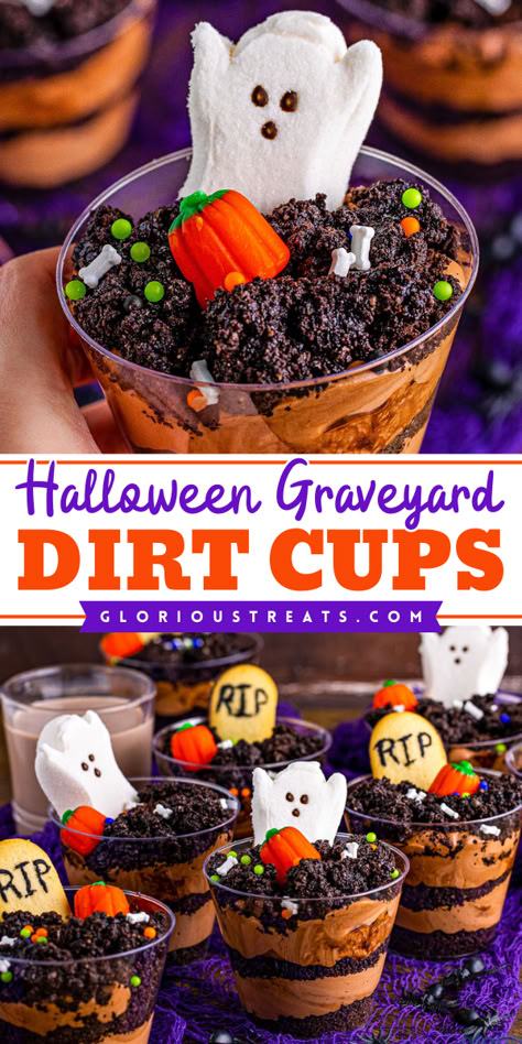 Easy Halloween treat to make! This Halloween Graveyard Dirt Cups recipe features a pudding dirt cup dessert with fun Halloween candies and cookies decorated to look like tombstones. Make this Halloween party idea perfect for a spooky treat! Halloween Dirt Pudding, Pudding Dirt, Dirt Cups Dessert, Dirt Pudding Recipes, Dirt Cups Recipe, Graveyard Dirt, Dirt Dessert, Halloween Themed Desserts, Deli Salads