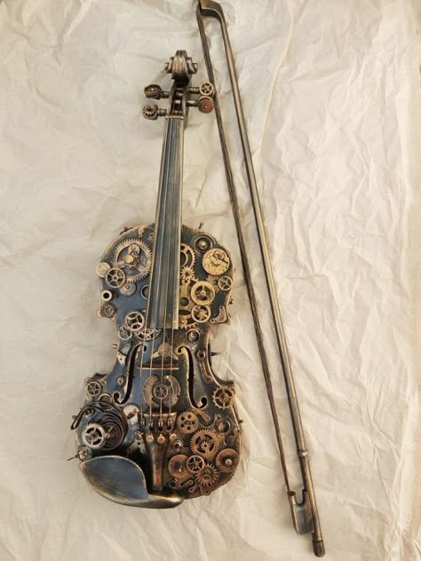 Steampunk Violin Sculpture by Rusty Punk. – Steampunk StuffI Loft Decor Ideas, Décor Steampunk, Violin Design, Violin Art, Gifts For Music Lovers, Steampunk Aesthetic, Instruments Art, Steampunk Decor, Loft Decor