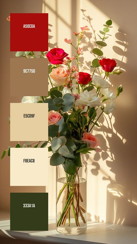 Colors: A50C0A ° 9C7750 ° E5CD9F ° F8EAC8 ° 333A1A Color Palette For Flowers, Red Green White Color Palette, Soft Red Color Palette, Flower Bouquet Color Palette, Colour Pallete Combinations, Rich Colour Combination, Flower Colour Palette, Colour Of The Year 2023, Flower Color Palette