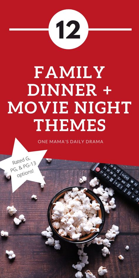 Looking for family fun to do at home? Have a family movie night with a theme and introduce your kids to your favorite films! Find 12 theme ideas at One Mama's Daily Drama. Family Movie Night Dinner Ideas At Home, Family Theme Nights At Home, Family Theme Movie Night, Film Dinner Party, Movie Themed Family Dinners, Movie Theme Night Ideas For Adults, Family Movie Night Themed Food, Movie Night Dinner Match Ups, Family Theme Dinner Nights