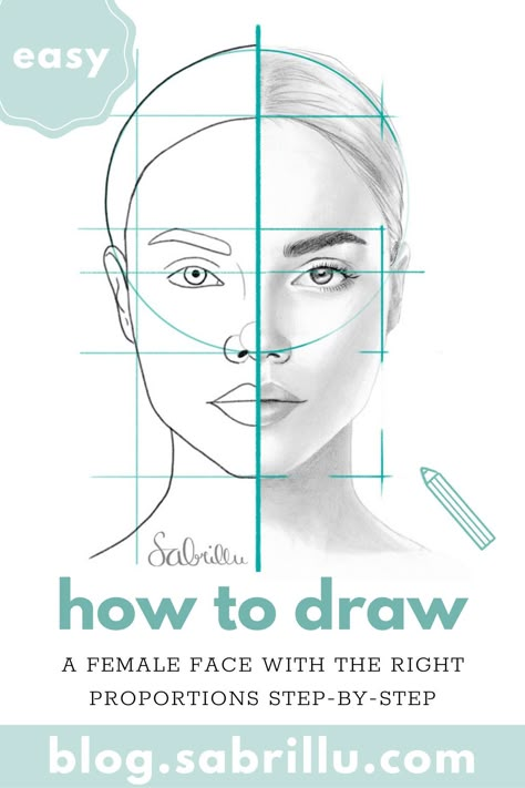 Face drawing with construction lines, perfect proportions, easy tutorial Face Proportions Drawing, Proportions Drawing, Human Face Drawing, Beginner Drawing Lessons, Beginner Drawing, Draw A Face, Facial Proportions, Face Proportions, Female Face Drawing