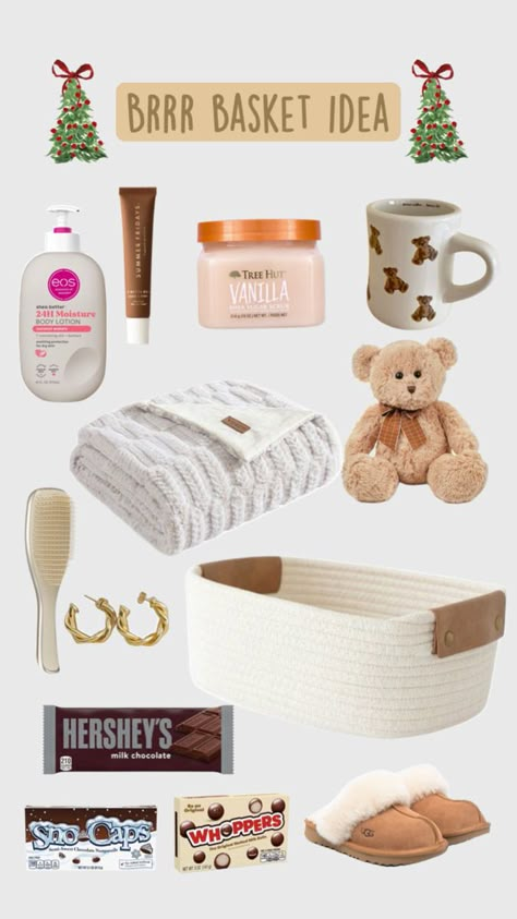 Brrr basket ideas for anyone who doesn’t know what to get Cute Basket Ideas, Xmas Gift Baskets, Christmas Basket Ideas, Birthdays Gift Ideas, Birthday Baskets, Cute Baskets, Girly Gifts Ideas, Summer Basket, Family Gift Baskets