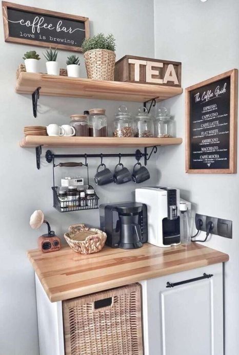 Tea Nook In Kitchen, Diy Kitchen Hacks, Best Kitchen Organization, Treadmill Desk, Mounted Desk, Kitchen Organization Hacks, Coin Café, Coffee Bar Design, Makeover Kitchen