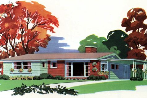 How to remodel without spoiling your home's 1950s style - Click Americana 1950s House Exterior, 1950 Home Decor, Aesthetic House Exterior, 1950 House, 50s House, 50s Home, 1950s Home, 50s Aesthetic, Home Gym Design Garage