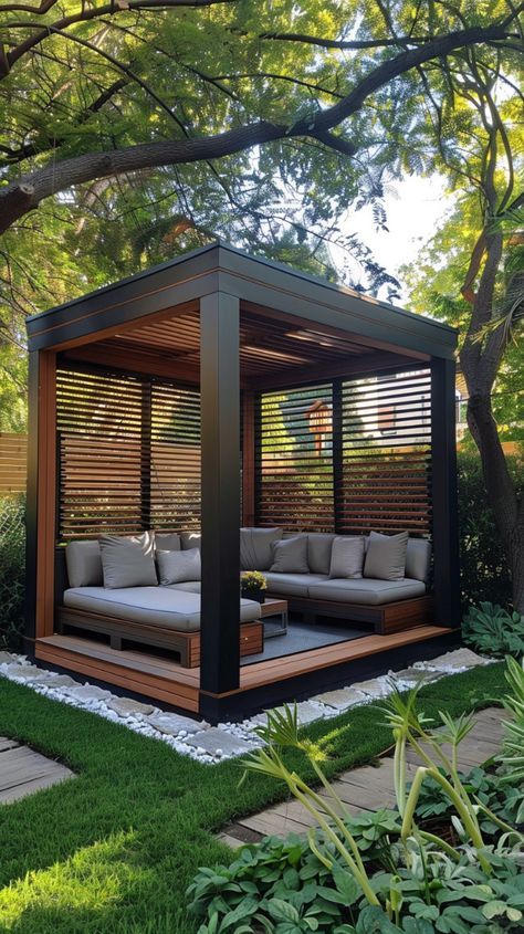 Outdoor Sitting Area Ideas, Outdoor Gazebo Ideas, Backyard Sitting Areas, Backyard Upgrades, Modern Gazebo, Caravan Decor, Beautiful Exterior, Gazebo Ideas, Outdoor Gazebo