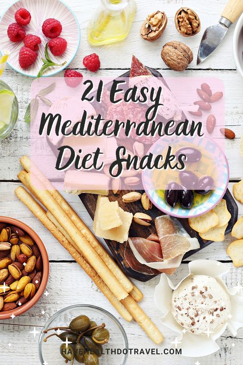 Love the benefits (and flavors!) of the Mediterranean Diet but hate cooking?  Here are 21 easy snack ideas that are quick to throw together (and delicious)!  #snacks #healthysnacks #healthysnackideas #mediterraneandietforbeginners #easymediterraneandiet #mediterraneandietsnacks #mediterraneandietrecipes Mediterranean Diet Sweet Snacks, Quick Mediterranean Lunch Ideas, Snacks On Mediterranean Diet, Snacks Mediterranean Diet, Quick And Easy Mediterranean Diet Recipes, Mediterranean Diet Charcuterie Board, Medditeranean Snacks, Healthy Snacks Mediterranean Diet, Snacks For Mediterranean Diet