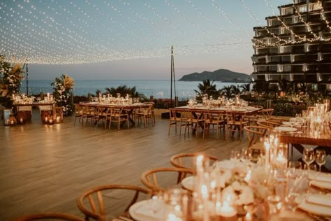 Beach Rooftop Wedding, Outdoor Wedding Reception Decorations, Destination Wedding Cabo, Candle Light Wedding, Cabos Wedding, Candlelit Wedding, Olive Wedding, Rectangle Tables, Los Cabos Wedding