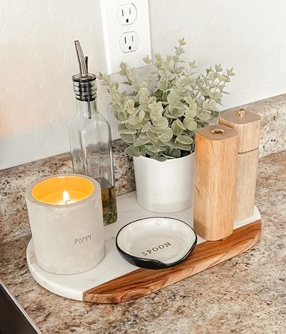 Toddler Holiday Gifts, Stove Decor, Marble Cheese Board, Kitchen Countertop Decor, Countertop Decor, Kitchen Tray, Kitchen Candles, Charcuterie Cheese, Wood Serving Board