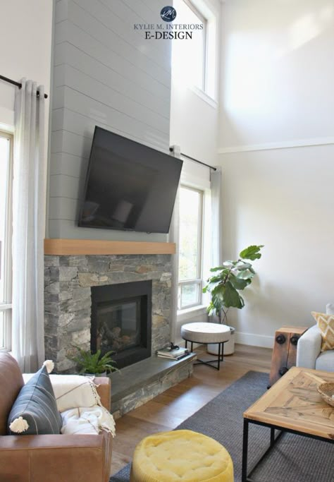 Gray Paint Bathroom, Fireplace Tv Unit, Tv And Fire Wall Ideas, Fireplace Mount, Tv Wall Design With Fireplace, Media Wall With Fireplace, Living Room Ideas With Tv, Room Ideas With Tv, Tall Ceiling Living Room