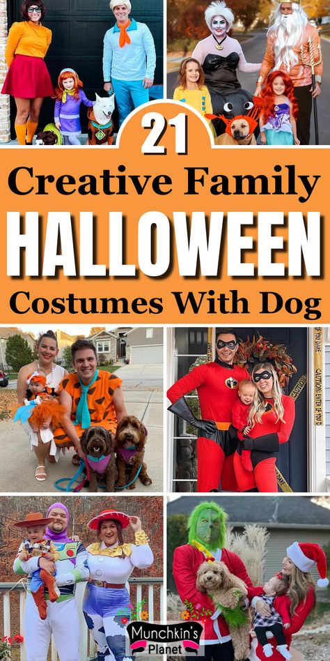 Creative Family Halloween Costumes With Dog Family Halloween Costume With Two Dogs, Large Family Halloween Costumes Disney, Lilo And Stitch Family Costume With Dog, Halloween Costume Matching Dog, Halloween Costumes 2 People 2 Dogs, Couples And Pet Costumes, Cute Halloween Costumes With Your Dog, Family Of 3 And A Dog Halloween Costumes, Family Halloween Costumes For 3 And Dog